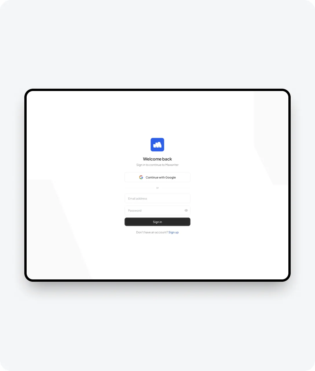 Maxwriter sign-in screen
