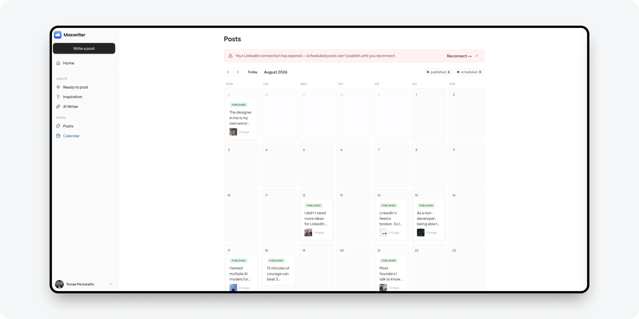 Maxwriter post calendar