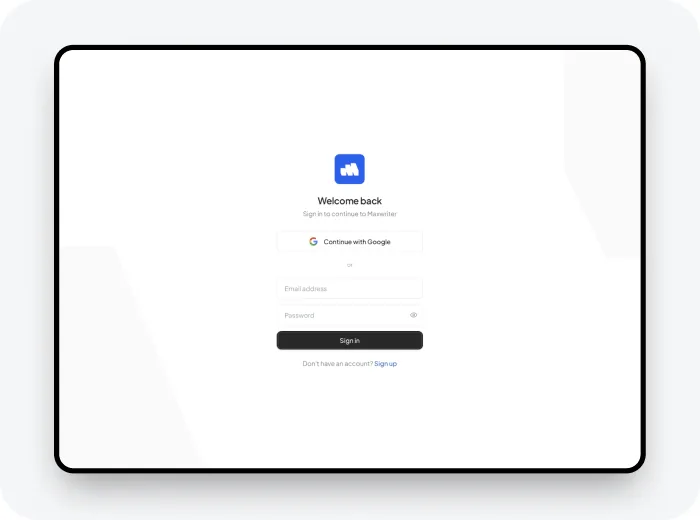 Maxwriter sign-in screen